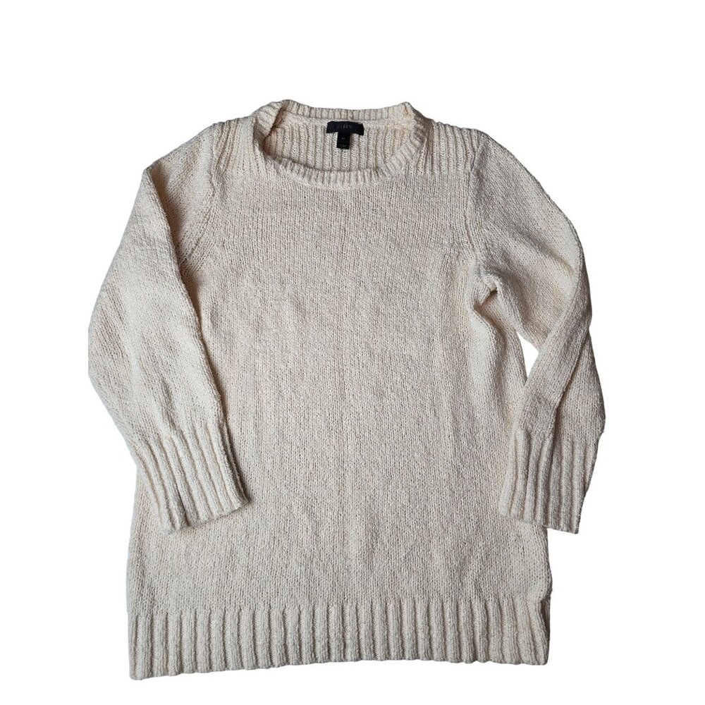 J.Crew Ivory Classic Knit Sweater 3/4 Sleeve Cotton-Linen Blend Crew Neck Beach‎